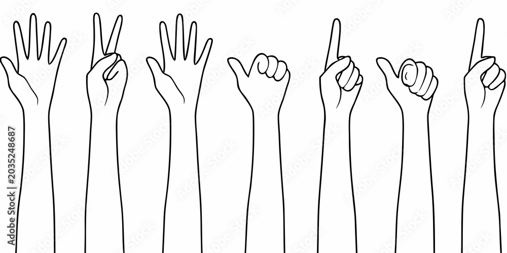 Fototapeta premium Various Hand Gestures Linear Illustration On White Background