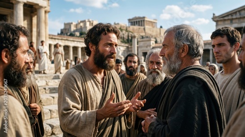 Apostle Paul preaching to a crowd of men in ancient Athens. Biblical scene from Acts 17 where men listen to the sermon. Concept of religious history, ancient faith, and preaching.