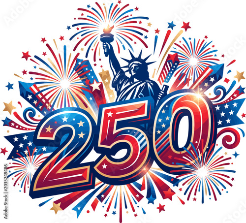 Statue of Liberty Silhouette and Fireworks for America 250 Holiday
