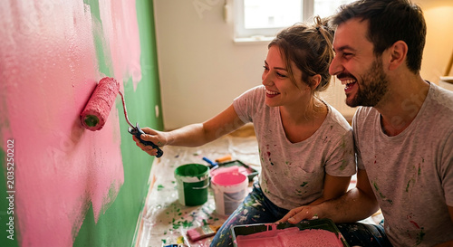 Pareja joven divirtiéndose mientras pintan su nueva casa. Jóvenes ilusionados haciendo bricolaje reformando su hogar. Happy young couple having fun while painting the wall of their new home.