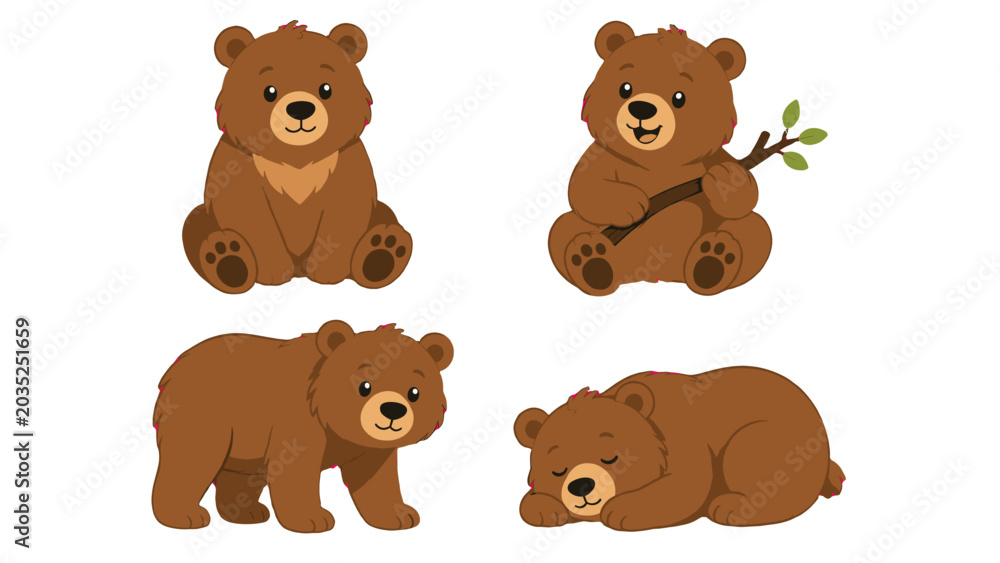 Fototapeta premium Cute brown bear cartoon set with sitting, walking and sleeping poses