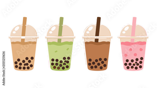 Canvastavla Cute bubble tea cups in assorted flavors vector illustration