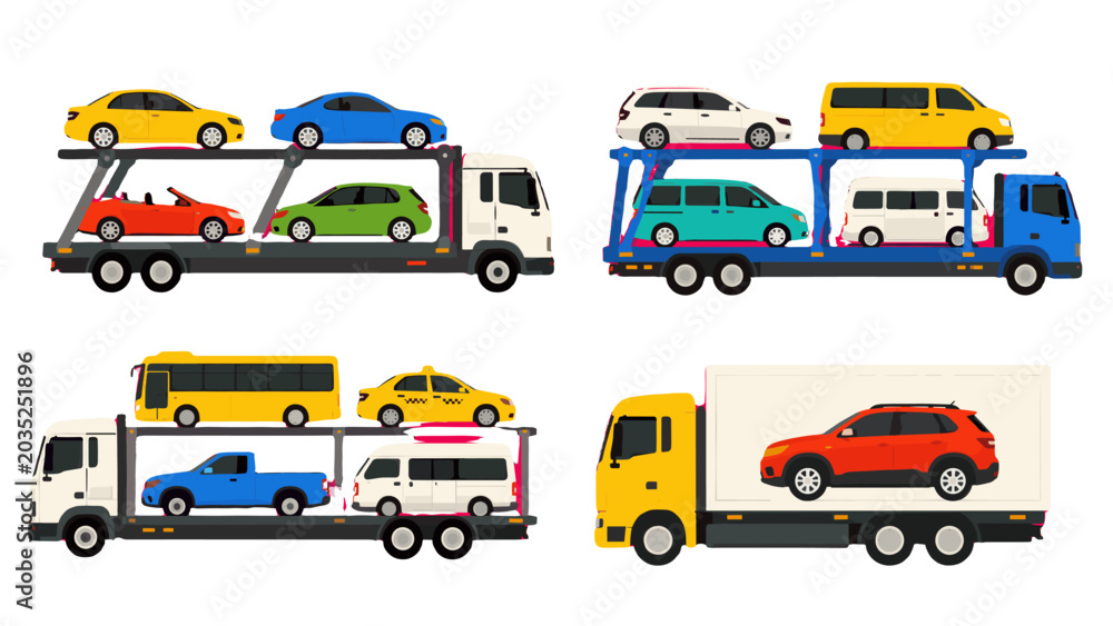 Naklejka premium Set of car carrier trucks transporting assorted vehicles
