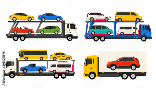 Foto Set of car carrier trucks transporting assorted vehicles
