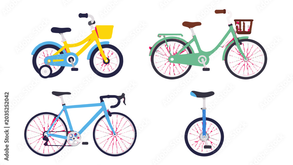 Fototapeta premium Set of cartoon bicycles and unicycle in flat vector style