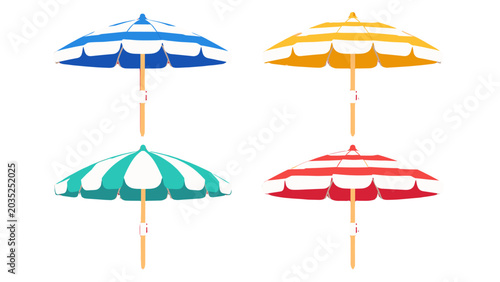 Foto Set of four striped beach umbrellas isolated on white
