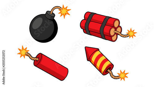 Foto Cartoon bombs, dynamite sticks and firecracker rockets set