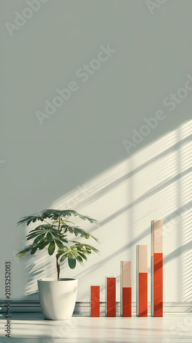 High angle shot of a green plant seedling next to a successful rising business revenue bar chart under bright natural sunlight, Generative AI illustrations.