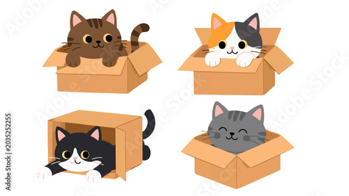 Cute cartoon cats playing in cardboard boxes set