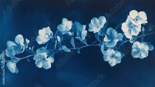 Cyanotype blossoms, vintage floral art depicting delicate white flowers on deep blue background.