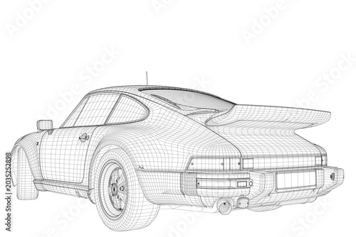 3D wireframe model of a retro sports car reveals detailed structural lines and geometric precision.