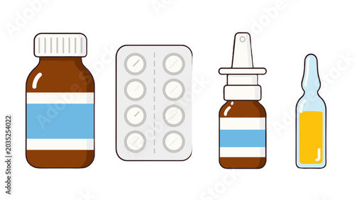 Cuadro en lienzo Cartoon medicine containers with pills spray bottle and ampoule