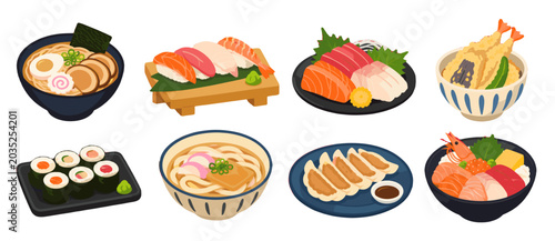 Japanese food dishes collection with sushi ramen and tempura