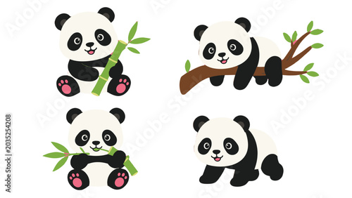 Cute panda cartoon set with bamboo and tree branch poses