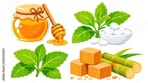 Foto Cartoon sweeteners set with honey stevia tablets and cane sugar
