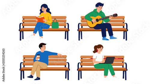 People sitting on park benches with book, guitar, coffee and laptop