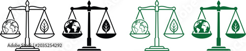 Minimalist graphic icon set featuring Earth and leaf sustainability scale symbols