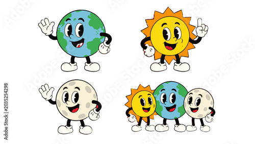 Fotografía Cartoon Earth, sun and moon mascot characters set
