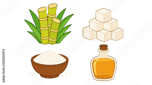 Canvastavla Cartoon sugar cane, sugar cubes, granulated sugar and bottle