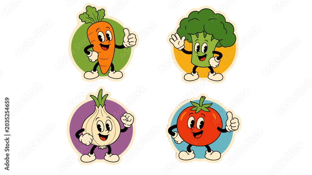 Obraz premium Cartoon vegetable sticker set with retro mascot characters