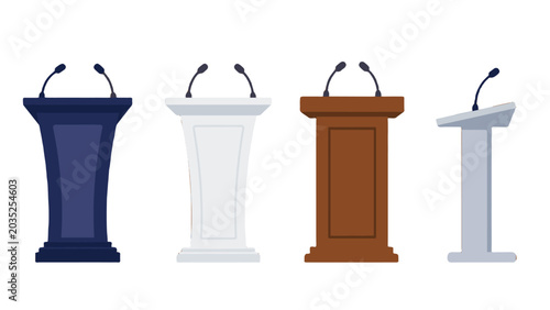 Set of podium lecterns with microphones in flat vector style