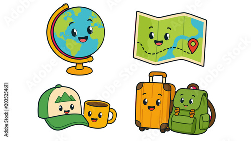 Cute cartoon travel items with globe map suitcase and backpack