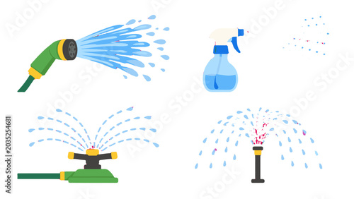 Foto Water spray nozzles and sprinkler set in cartoon vector style