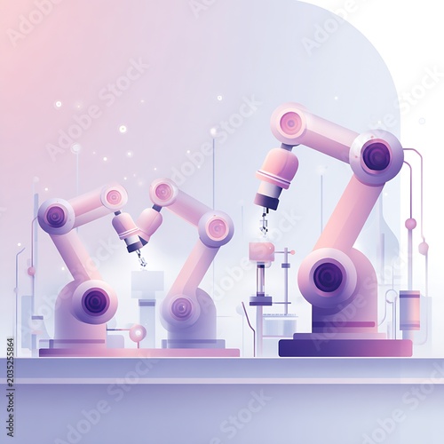 Pastel gradient illustration of industrial robotic arms and grippers on an automated assembly line