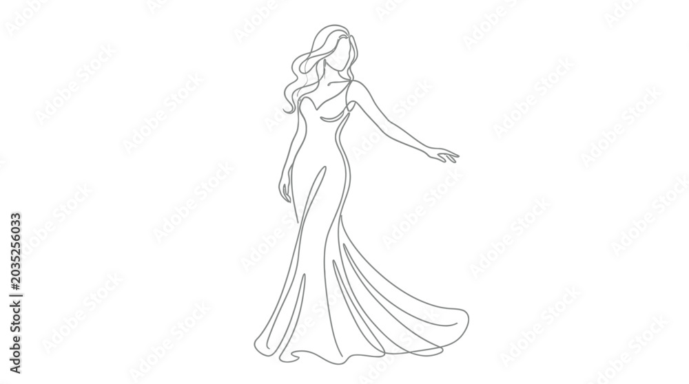 Fototapeta premium Elegant woman wearing a flowing evening gown captured in a minimalist black and white line drawing
