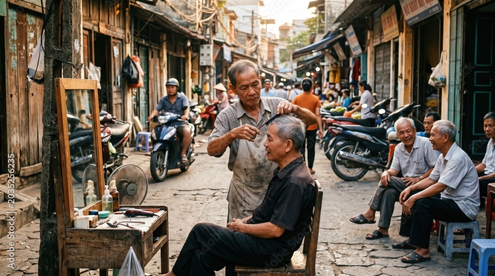 Obraz premium Traditional Barbershop Experience on a Bustling Street in a Vietnamese Neighborhood During Sunset