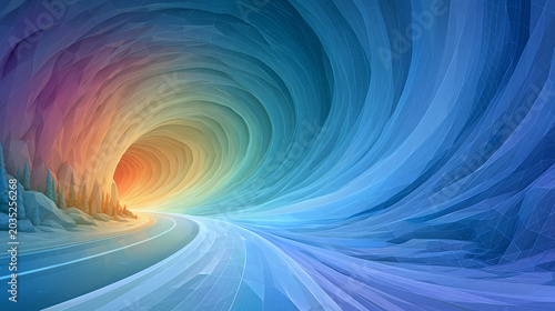 Futuristic digital road leading into a glowing abstract tunnel with vibrant gradient colors, perfect for technology background concepts.