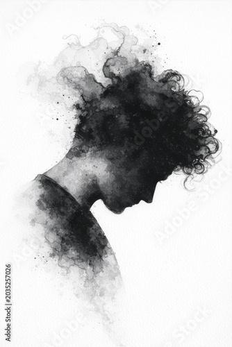 Silhouette of Young Boy, Curly Man Looking Down, Thinking, Monochrome Black and White Fluid Ink Art with Smoke like Diffused Paint, Psychology, Solitude, Reflection, Sadness, Introspection, Contrast, 