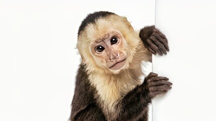 Adorable Monkey Peeking Behind White Door – Stock Photo
