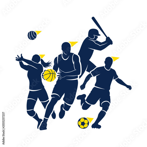 Blue silhouettes of multi-sport athletes with yellow balls.