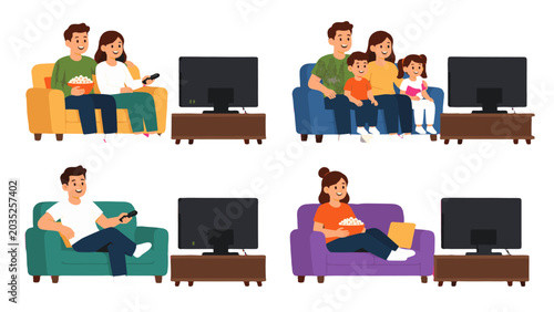 People and family watching television on sofas at home