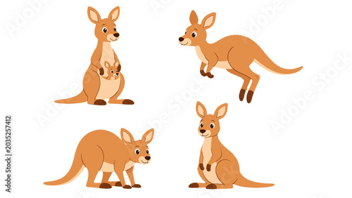 Photos Cartoon kangaroo family set with mother and joey characters