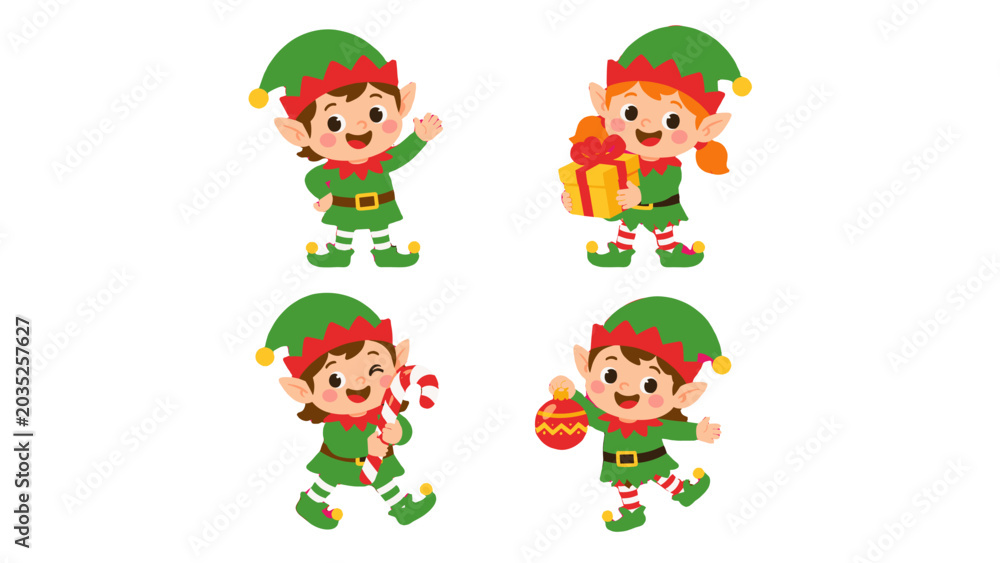 Fototapeta premium Cute Christmas elf character set with gift candy cane and ornament