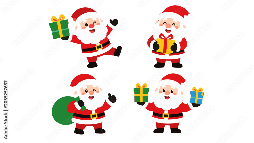 Fototapeta premium Cute Santa Claus characters with gift boxes in vector style