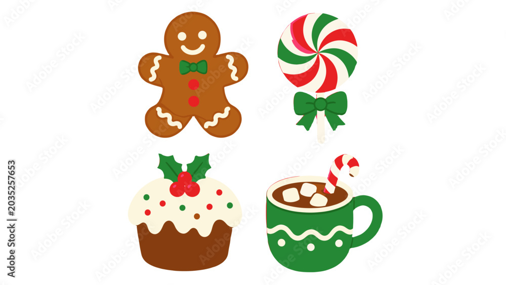 Naklejka premium Christmas sweets set with gingerbread, candy, cupcake and mug