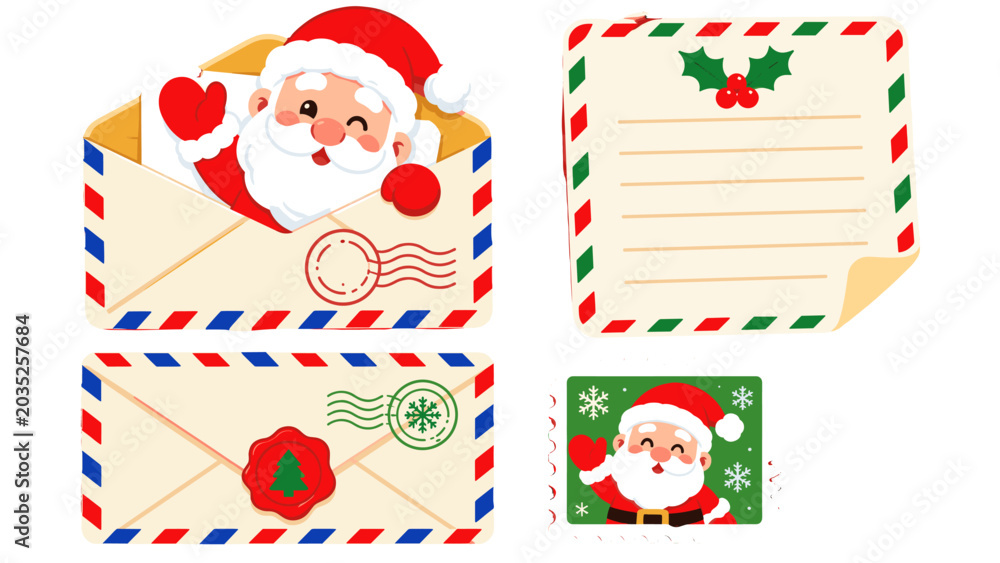 Fototapeta premium Christmas envelope set with Santa letter card and postage stamp