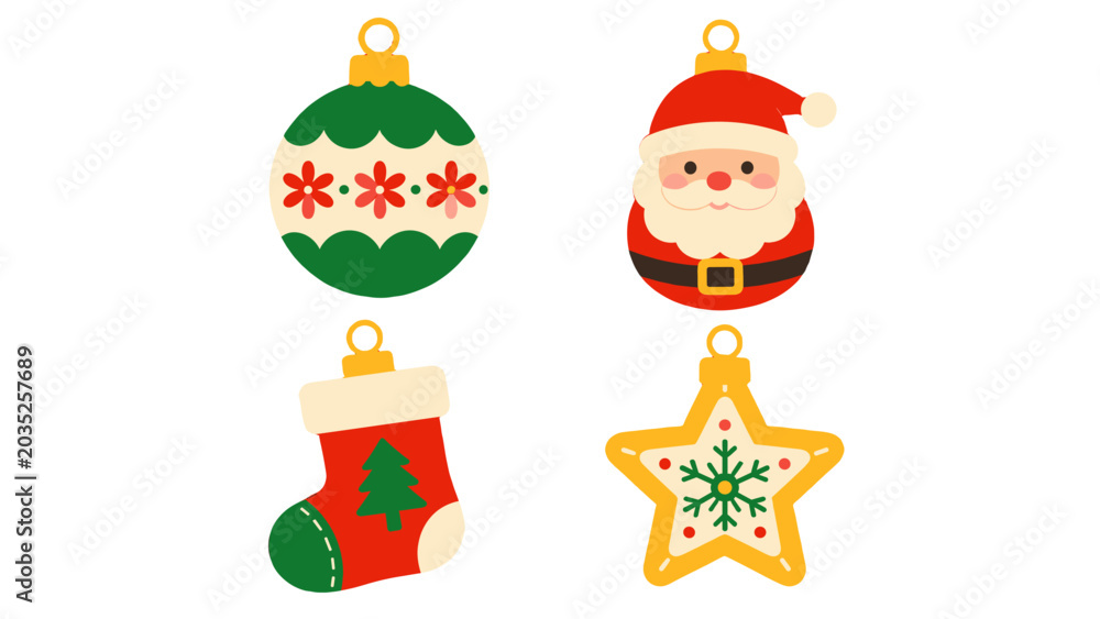 Fototapeta premium Set of Christmas ornament illustrations with Santa, stocking and star