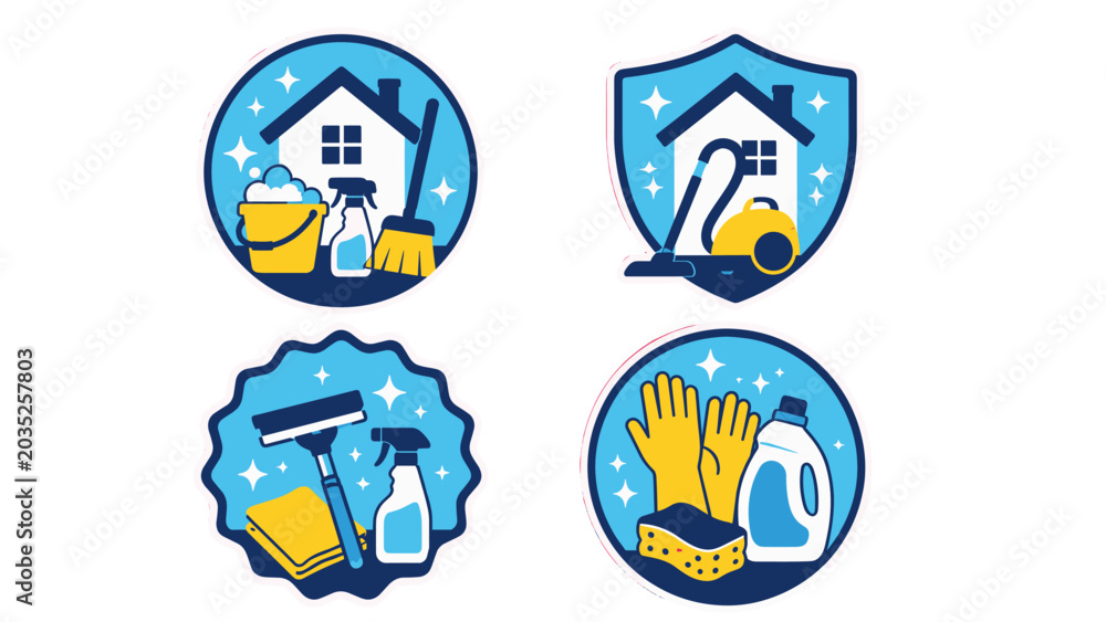 Fototapeta premium House cleaning service badge set with home and equipment icons