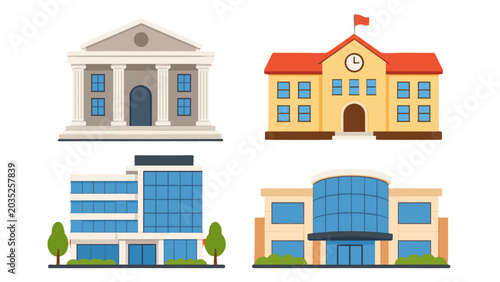 Картината върху платно Set of civic and commercial building facades in flat vector style