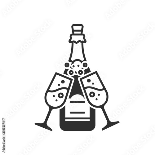 Champagne bottle with clinking glasses line art.