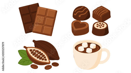 Konstfotografi Chocolate bars, pralines, cocoa pod and hot cocoa vector set