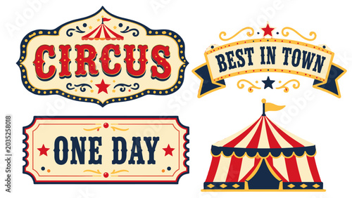 Vintage circus banner and tent vector set on white background