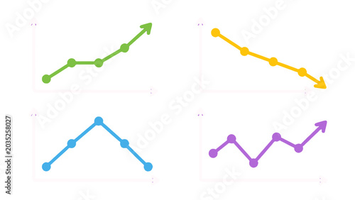 Obraz na płótnie Colorful line graphs showing growth decline peak and fluctuation