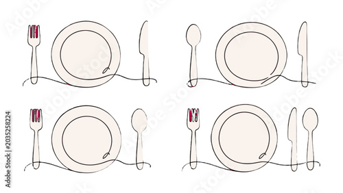 Foto Minimal continuous line table settings with plates and cutlery