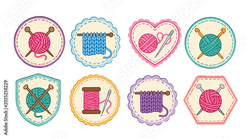 Photos Colorful knitting and crochet badge set with yarn and needles