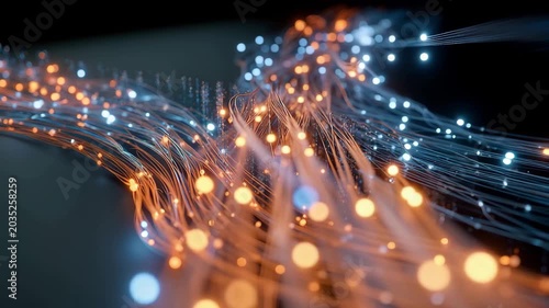 Fiber Optic Cable Technology Glowing Data Connection, Abstract Network Flow, Orange Blue Light